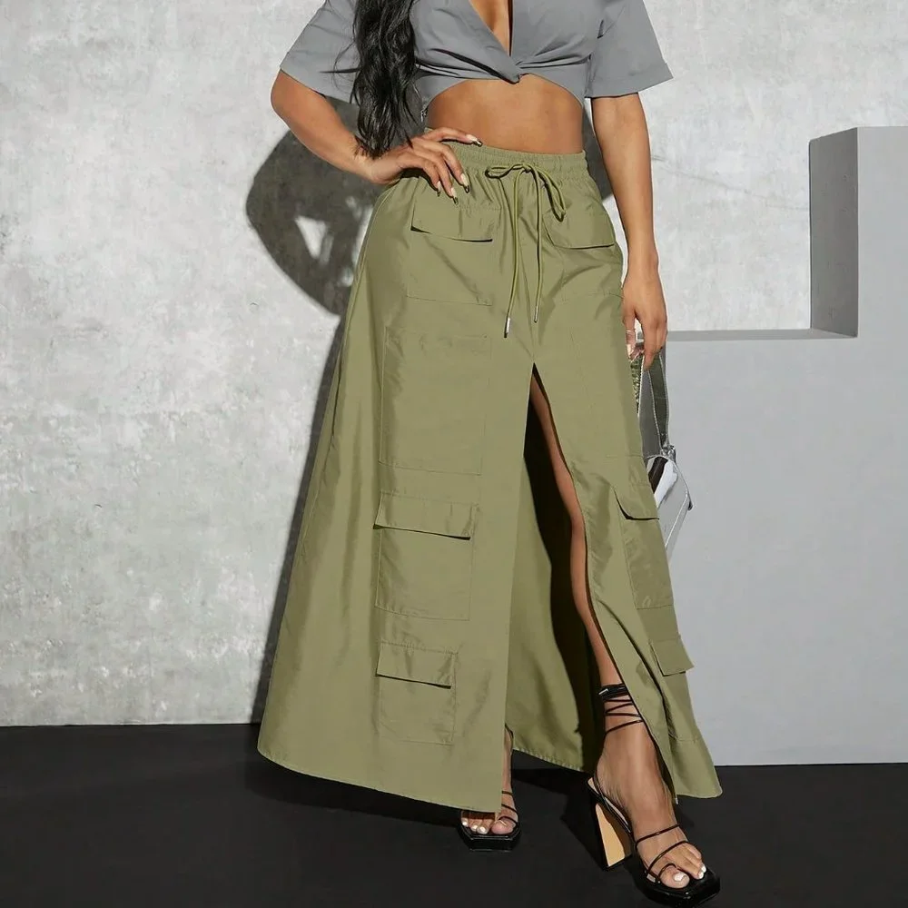 Army Green Casual Womens Flap Pocket Split Thigh Drawstring Waist Cargo Skirt - Picture 1 of 5